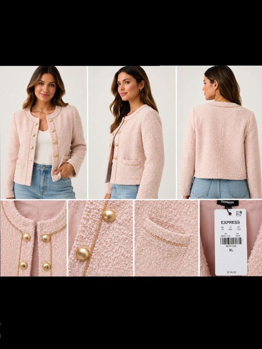 Express Pink Bouclé Collarless Gold Button Chain Trim Jacket XL NWT - Picture 16 of 16